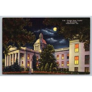 Postcard Florida Tallahassee State Capitol by Moonlight Linen c1940s Unposted FL
